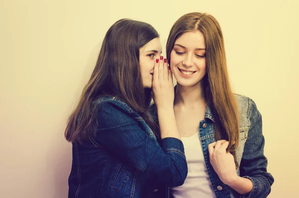 Dos Hermosas Amigas Adolescentes Susurrándose Secretos Unas Otras Sobre Fondo — Foto de Stock