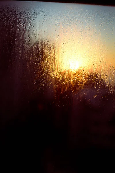 Closeup Blurry Condensated Rainy Water Drops Sun Shining Sky Buildings — Stock Photo, Image