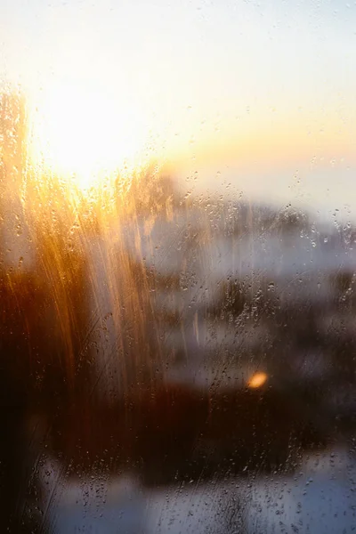Natural Condensation Droplets Transparent Sunshine Glass Background — Stock Photo, Image