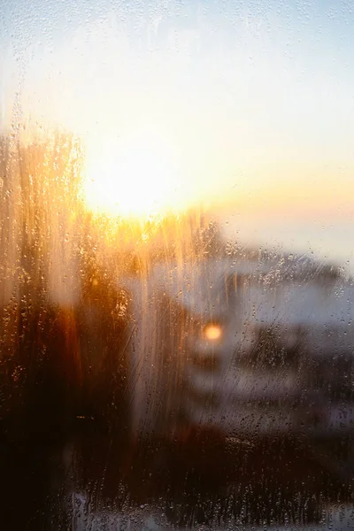 Closeup Blurry Condensated Rainy Water Drops Sun Shining Sky Buildings — Stock Photo, Image