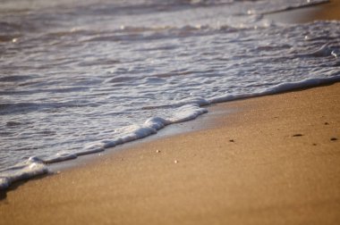 Doğal güneşli kumlu kıyı açık havada deniz manzarası bulanık. Kıyı şeridi arka plan