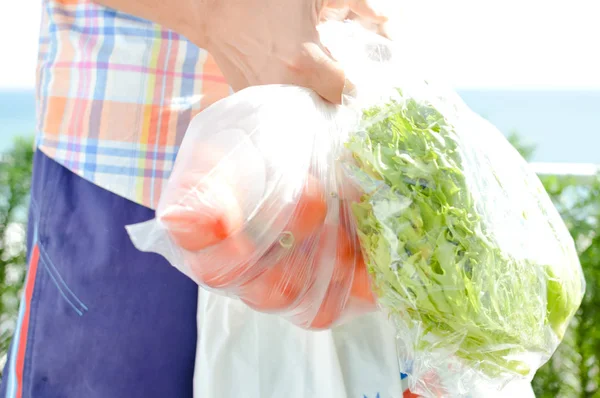 野菜の緑の食料品と男の手のショッピングバッグを保持上の閉鎖 消費主義 様々な商品背景 ストック画像
