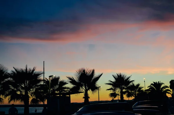 Sonnenuntergang Über Palmen Silhouette Auf Natürlichen Kopierraum Hintergrund — Stockfoto