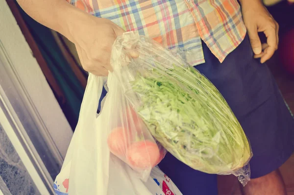 人类手拿着装有天然蔬菜的农贸袋 复制空间健康的松重营养生活方式 近距离摄影 — 图库照片