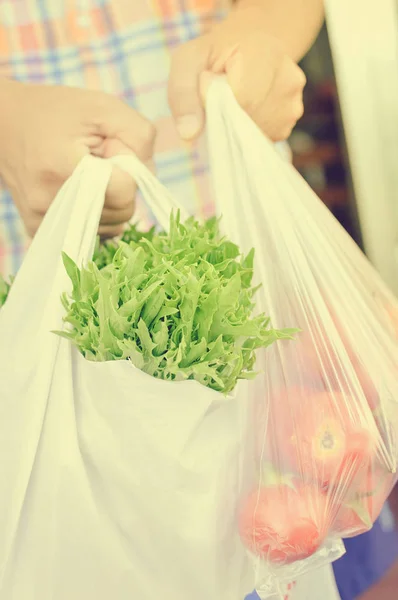 Cierre Sobre Persona Que Tiene Una Bolsa Llena Verduras Fondo —  Fotos de Stock