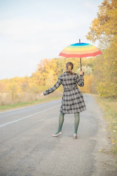 Widok Tyłu Jednej Kobiety Trzymającej Parasol Drodze Parku Jesienny Deszczowy — Zdjęcie stockowe