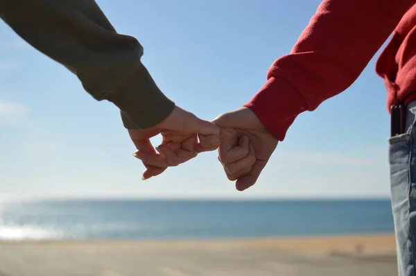 Amigos Meninas Segurando Mãos Com Seaview Frente — Fotografia de Stock