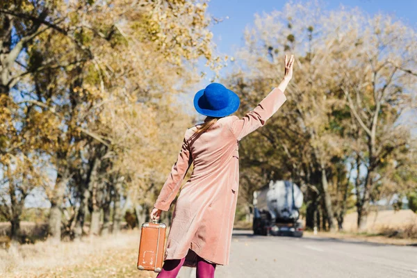 Mladá zrzka dáma žena v růžové vinobraní kabát a klobouk s kufrem v retro stylu odcházející podél parku silnici se zlatě žlutými podzimními stromy. Venkovní podzimní zahradní relaxace, pojetí cestování — Stock fotografie