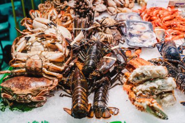 Balık pazarındaki buz tezgahında taze deniz ürünleri.