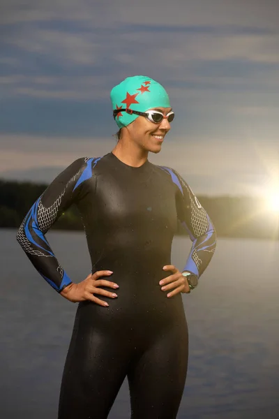 One Caucasian Woman Practicing Triathlon Swimming — 스톡 사진