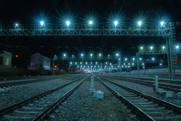 Длительное Фотографирование Ночной Железной Дороги Москва — стоковое фото
