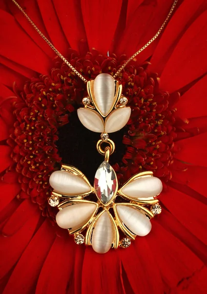 Gyllene smycken hänge med diamanter och pärlemor på blomma backg Royaltyfria Stockbilder