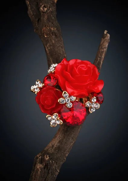 Bijoux bague rouge comme fleur sur brindille, fond foncé — Photo