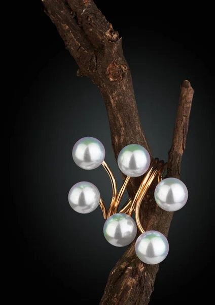 Jewelry ring with pearl on twig, black background — Stock Photo, Image
