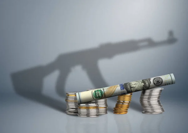 Defense budget concept, money with gun shadow — Stock Photo, Image