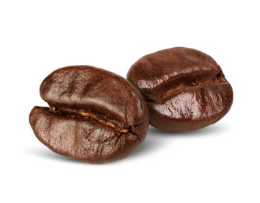 İki kahve çekirdekleri beyaz, yolda izole makro