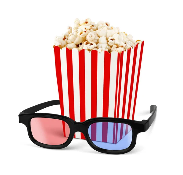 Popcorn in bucket with 3d glasses isolated on white — Stock Photo, Image