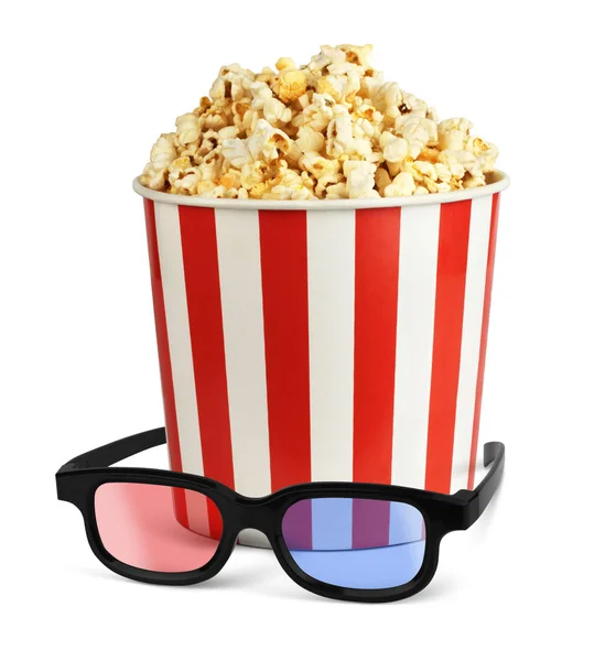 Popcorn in bucket with 3d glasses isolated on white — Stock Photo, Image