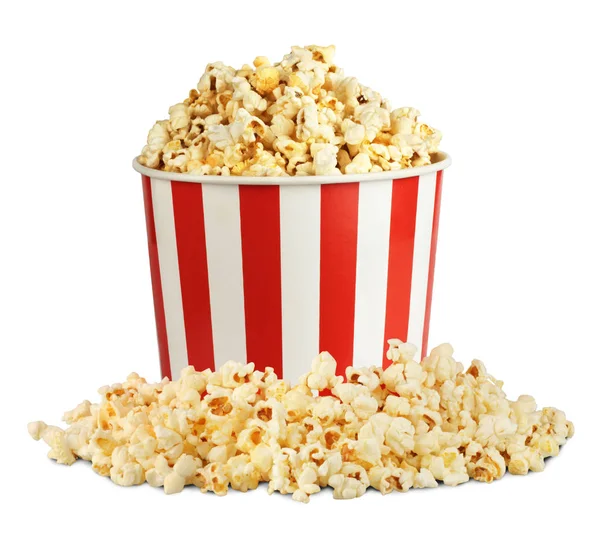 Popcorn in doos met pil geïsoleerd op wit Rechtenvrije Stockafbeeldingen
