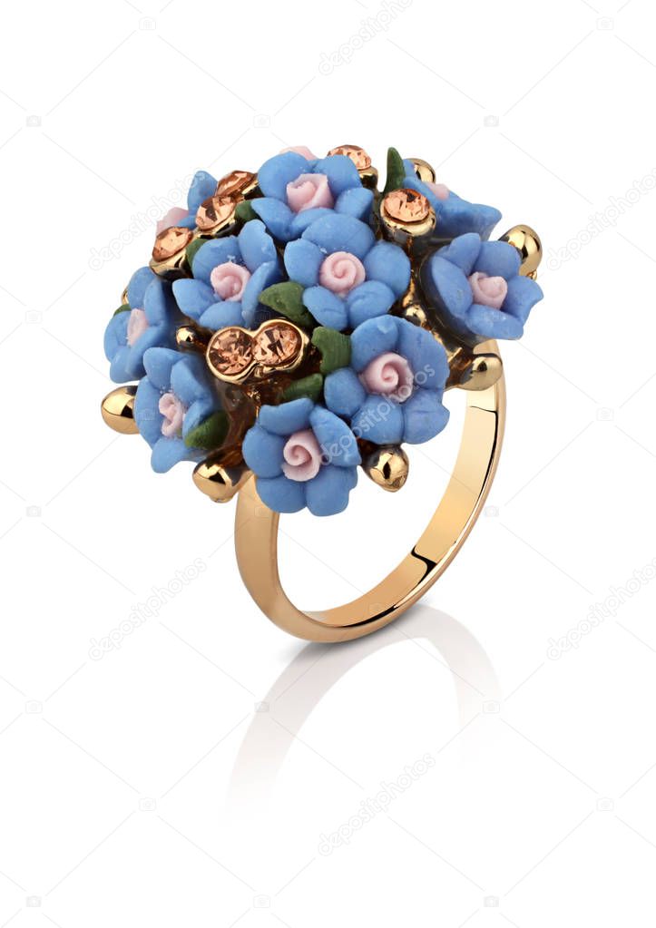 Jewelry ring in shape of flower isolated on white, clipping path