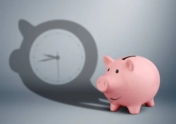 Tid är pengar koncept, spargris med clock skugga — Stockfoto