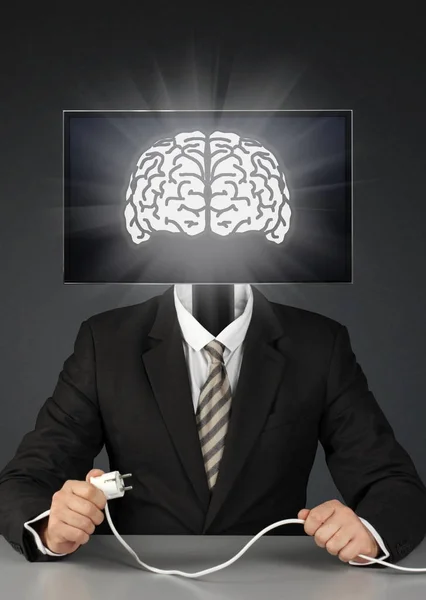 Businessman with tv head and brain, mass media addiction concept — Stock Photo, Image