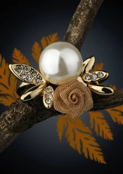 Jewelery ring with pearl on twig with leaves on dark background — Stock Photo, Image