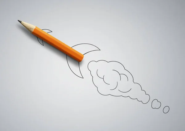 Startup creative concept, pencil as drawn rocket — Stock Photo, Image