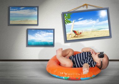 Komik bebek Yüzme sahilde gibi evde, daire. Tatil