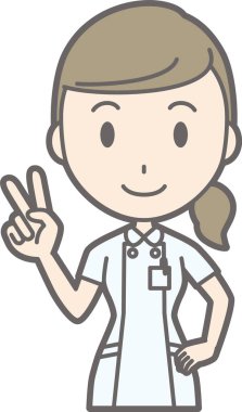 Beyaz bir coa giyen bir hemşire bir barış işareti gösteren çizim