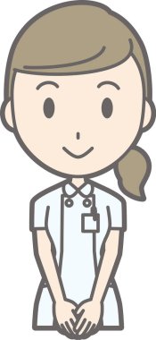 Resimde ayakta giyen bir hemşire önünde el ile 