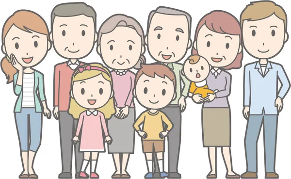 Glückliche Familie Nr.01 (9-köpfige Familie) (4 Generationen)) — Stockvektor