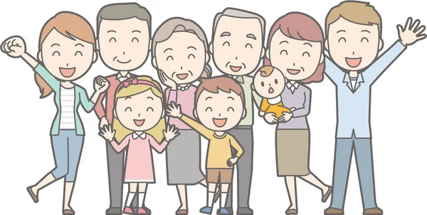 Здоровая семья № 1 (семья из 9 человек) (4 поколения) ) — стоковый вектор