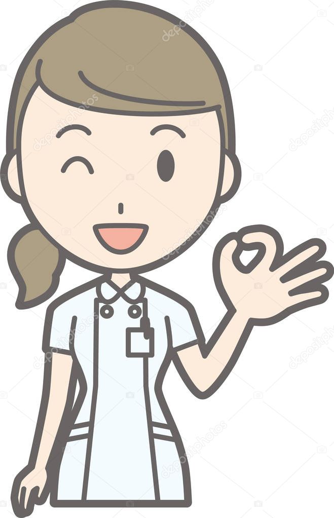 Illustration that a nurse wearing a white suit is doing an okay 