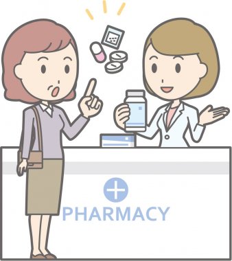 Orta yaşlı bir kadın bir erkek pharmaci danışır illüstrasyon