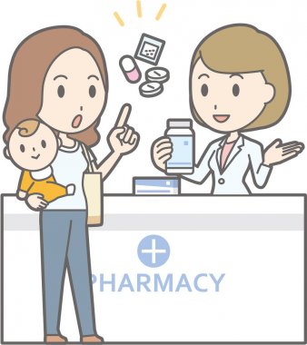 Bir bebek tutan genç bir kadın bir erkek danışır illüstrasyon