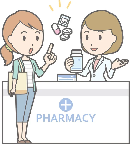 Ilustração de que uma jovem consulta uma farmacêutica — Vetor de Stock