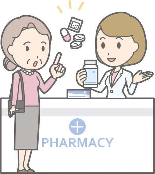 Illustration att en gammal kvinna konsulterar en kvinnlig farmaceut — Stock vektor