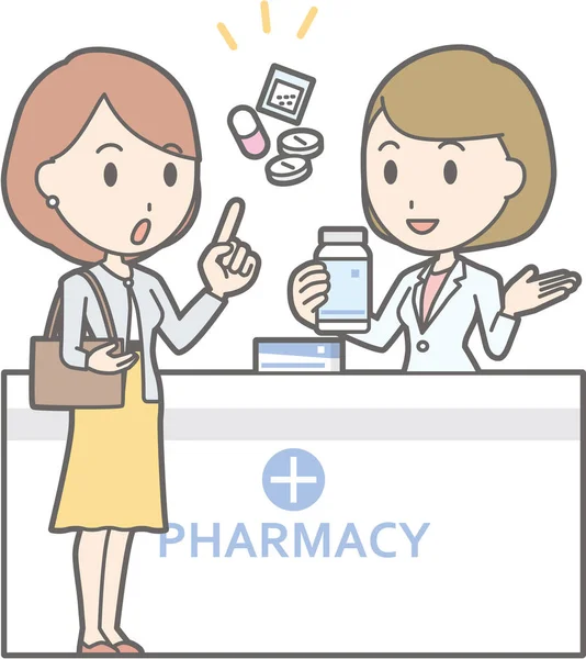 Illustration som affärskvinna konsulterar en kvinnlig farmaceut — Stock vektor