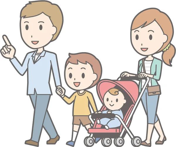 Ilustración de una familia de 4 personas caminando — Vector de stock