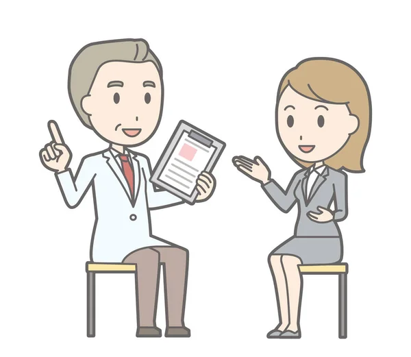 Illustration qu'une femme d'affaires en costume consulte un médecin — Image vectorielle