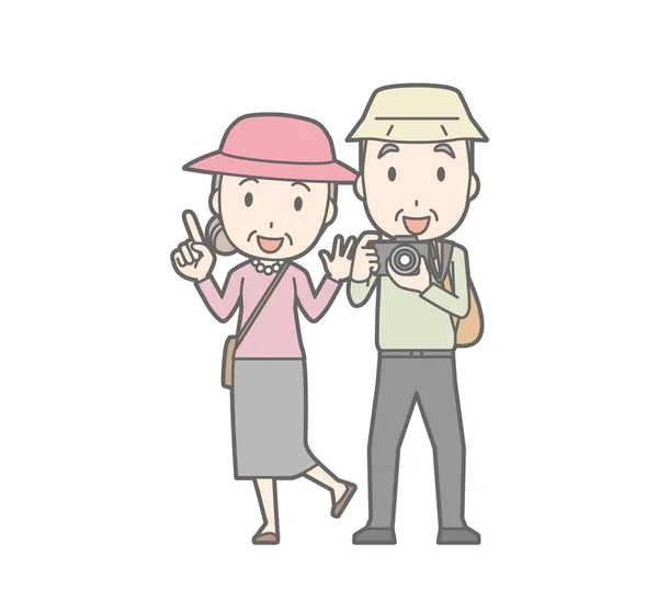 An illustration of an elderly couple traveling — Stock Vector