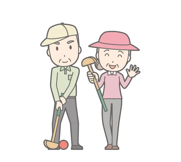 一对老年夫妇打地面高尔夫球的插图 — 图库矢量图片