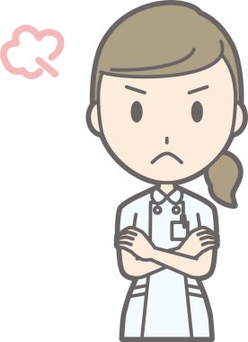 Beyaz takım giyen bir hemşire kollarını giyer ve kızgın Illustr olduğunu