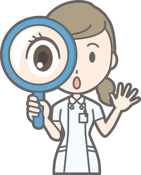 Illustratie een verpleegster die het dragen van een wit pak heeft een vergrootglas — Stockvector