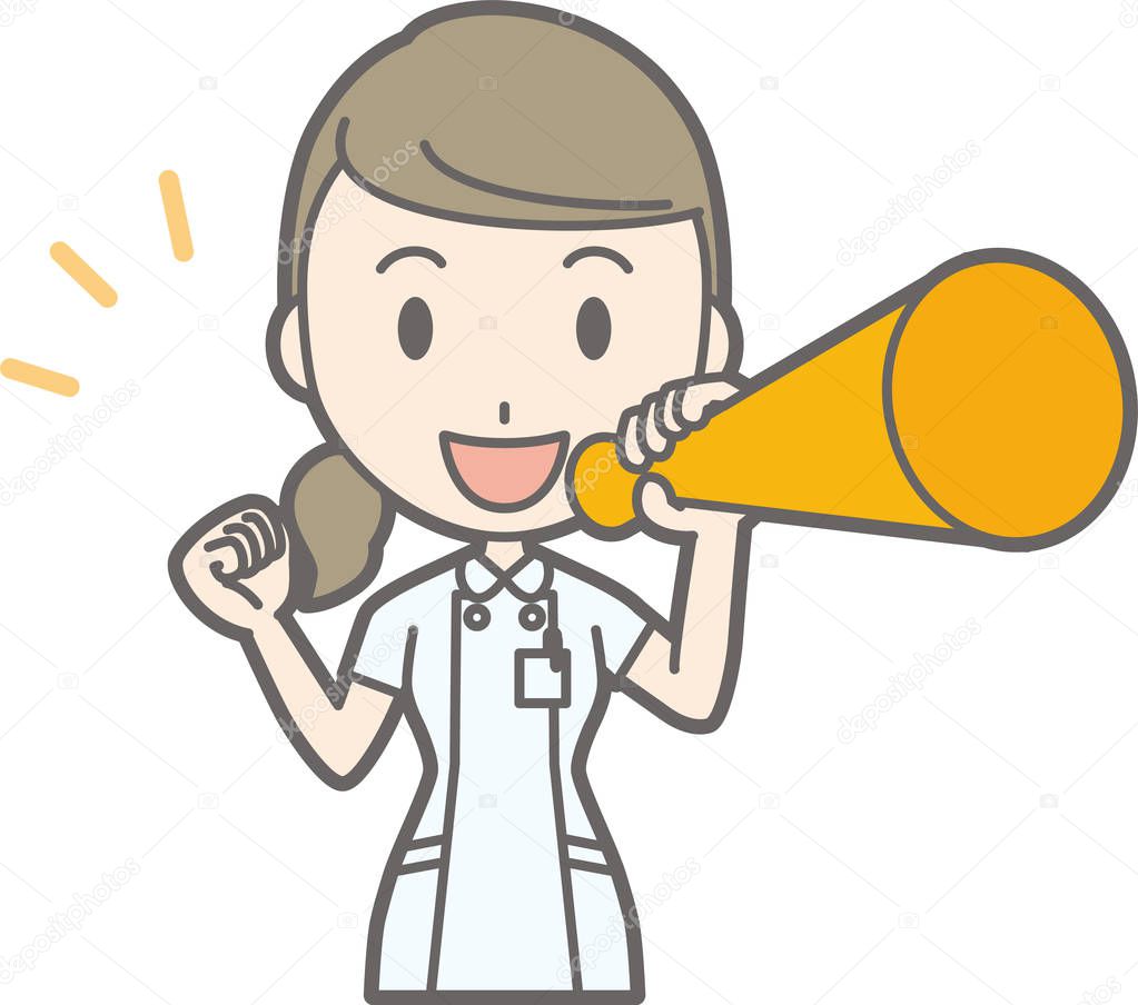 Illustration that a nurse wearing a white suit has a megaphone