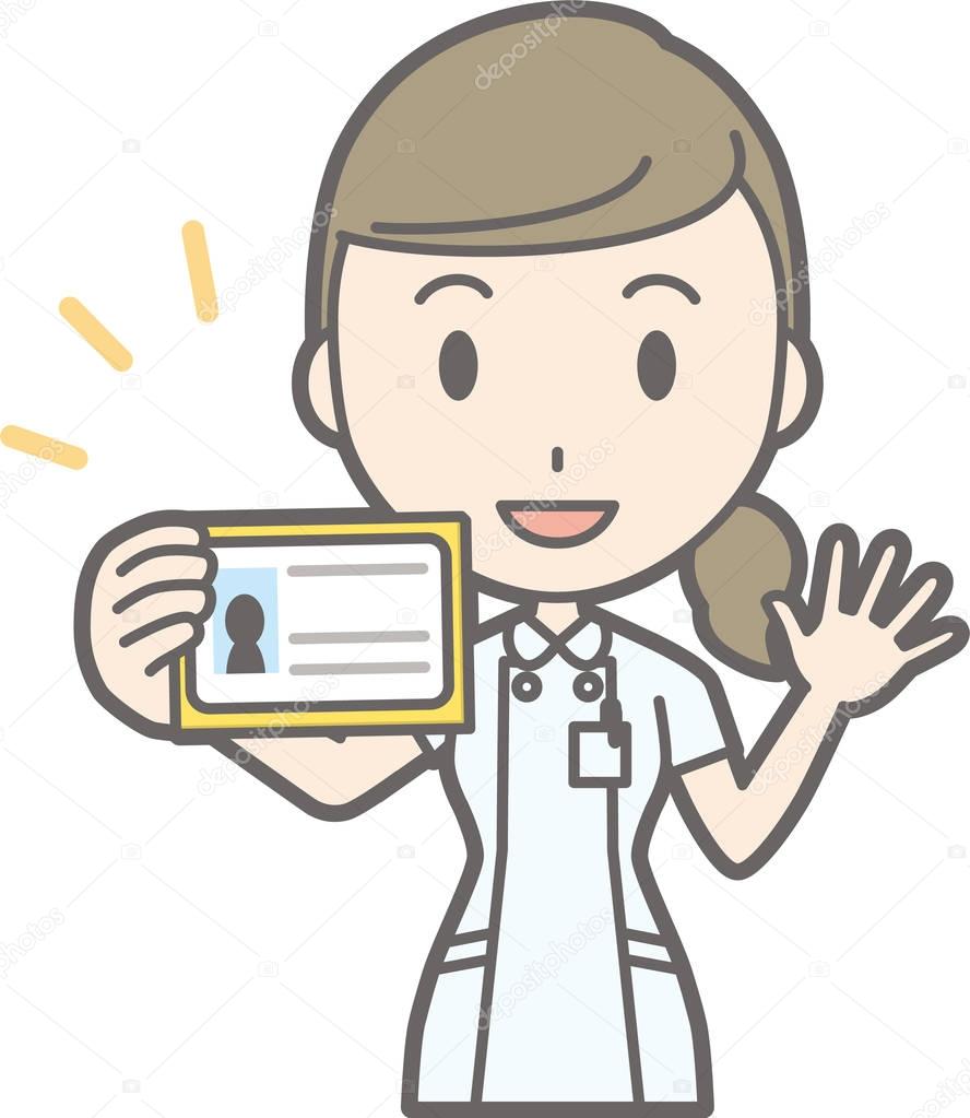 Illustration that a nurse wearing a white suit has an identifica