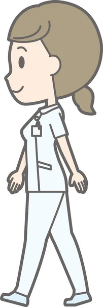 Ilustración caminando con una enfermera vestida de blanco en fila — Vector de stock