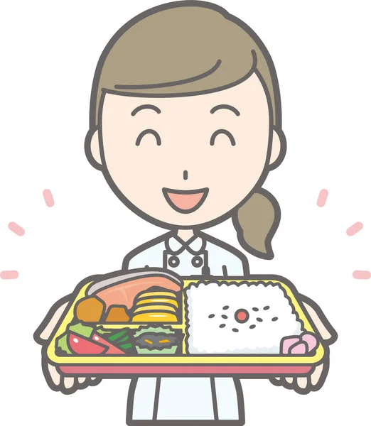 一名护士穿着白色的衣服有一盒午餐的插图 — 图库矢量图片