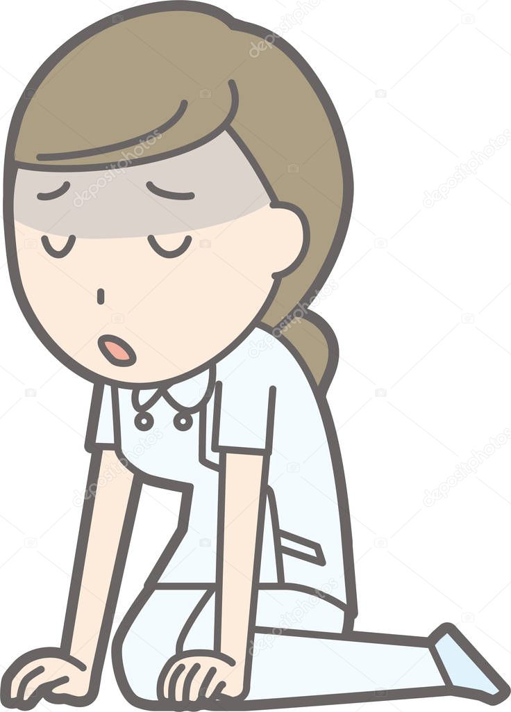 An illustration in which a nurse wearing a white suit is sighing